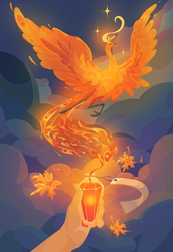 A Phoenix rises from a bottle held in someone's hand