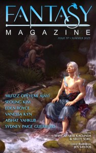 The cover of Fantasy Magazine issue 97, featuring a shirtless white human sitting with hands on knees, bathed in light
