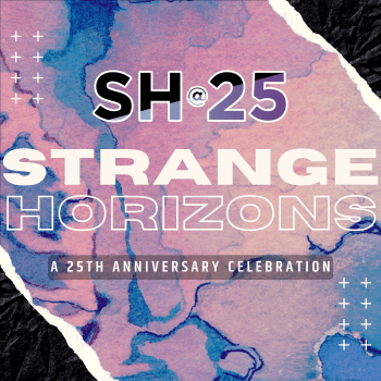 The cover for the SH@25 podcast: using Tahlia Day's pink and blue art from our main website, in hightened colours, with the words "SH@25: Strange Horizons, a 25th anniversary celebration".